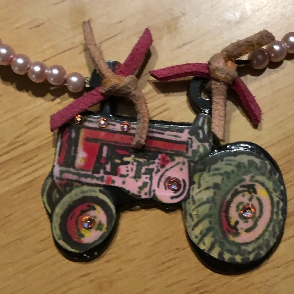 XOXO Pink pearl necklace with tractor charm